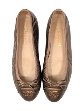 Chanel Ballet Flat Ballerina CC Logo Cap Toe Metallic Bronze Leather 38 | 7.5